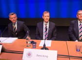 Former Rangers chairman Dave King (centre) with managing director Stewart Robertson (left) and current chairman Douglas Park (right) at the club's annual general meeting in November 2017. (Photo by Alan Harvey/SNS Group).