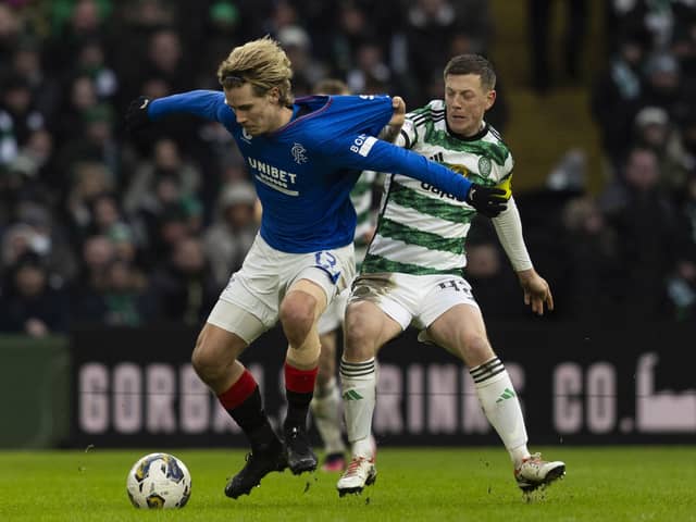 Rangers' Todd Cantwell battles with Celtic's Callum McGregor during the Old Firm match at Celtic Park on December 30, 2023. (Photo by Craig Foy / SNS Group)