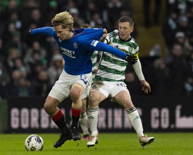 Rangers' Todd Cantwell battles with Celtic's Callum McGregor during the Old Firm match at Celtic Park on December 30, 2023. (Photo by Craig Foy / SNS Group)