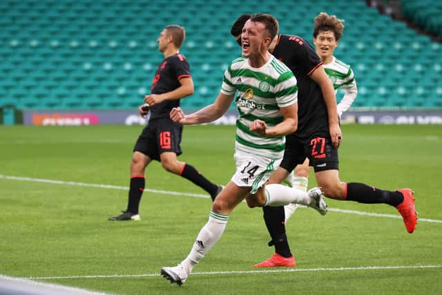 David Turnbull wheels away after scoring what was his first goal for Celtic in front of supporters. (Photo by Alan Harvey / SNS Group)