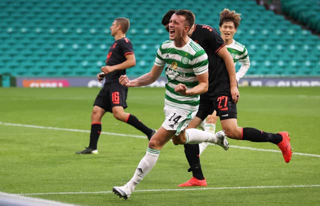 David Turnbull wheels away after scoring what was his first goal for Celtic in front of supporters. (Photo by Alan Harvey / SNS Group)