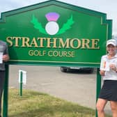Craig Lee and Heather MacRae show off their cards after both going low at Strathmore in the second round of the PGA in Scotland 36-Hole Order of Merit event.