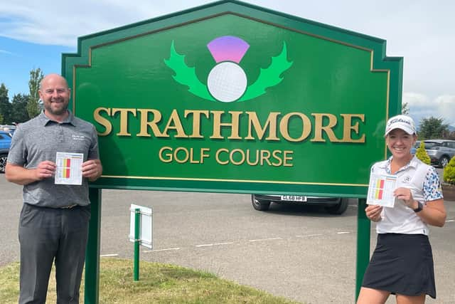 Craig Lee and Heather MacRae show off their cards after both going low at Strathmore in the second round of the PGA in Scotland 36-Hole Order of Merit event.