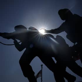 The sun shines behind the British Normandy Memorial at Ver-sur-Mer, France.  (Photo by Christopher Furlong/Getty Images)