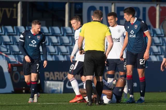 Ross County's Michael Gardyne exchanges words with Alfredo Morelos during the Scottish Premiership match between Ross County and Rangers at the Global Energy Stadium on December 06, 2020, in Dingwall, Scotland. (Photo by Craig Foy / SNS Group)