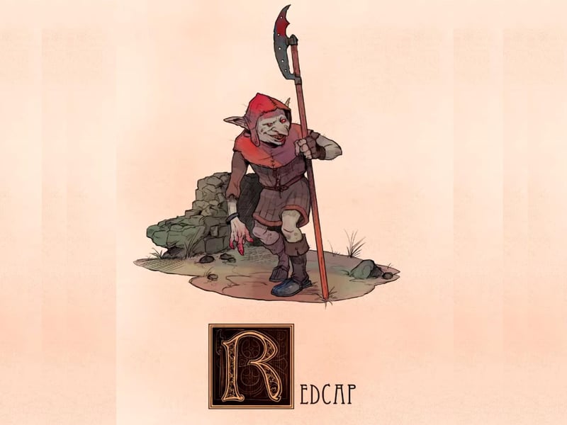 The Redcap, also known as the “Bloody Cap”, is closely associated with the Scottish borders and known for being a murderous Goblin who used the blood of his victims to dye his cap in an infamous crimson red hue. He wields a pike staff and appears like a short old man but with disturbingly long teeth, talons and red eyes. The legend goes that if travellers wandered into his lair then his preferred method of killing was to crush them with boulders.