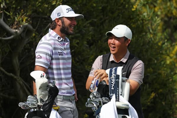American Max Homa and Tom Kim of South Korea share a laugh during The Genesis Invitational at Riviera Country Club in Los Angeles in February. Picture: Harry How/Getty Images.