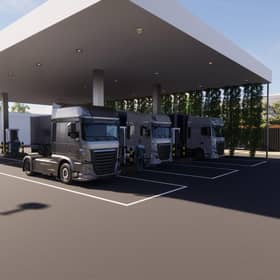 A rendering of how SSE's electric charging hub for heavy goods vehicles should look when completed.