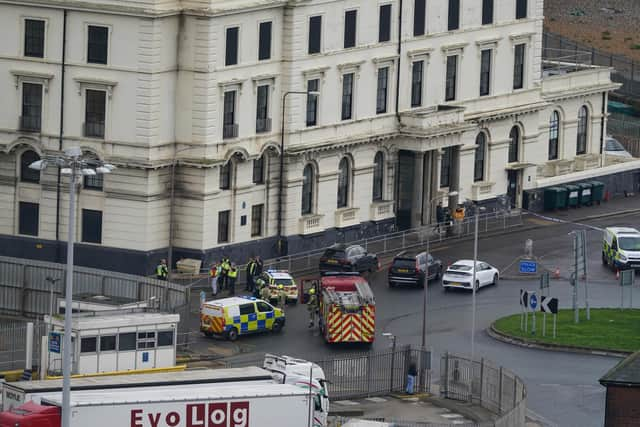 Emergency services near the migrant processing centre in Dover, Kent, following an incident. Picture date: Sunday October 30, 2022.