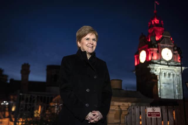 Nicola Sturgeon on the terrace of the headquarters of the Scottish National Investment Bank.