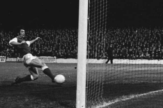 O'Rourke slides in to make it 6-0 to Hibs in the 1973 derby against Hearts - taking the goal off Stanton.