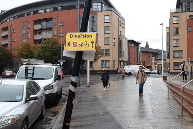 This sign in Beith Street in Partick indicates cyclists should go straight on, but the diversion route is to the right, along Benalder Street. Picture: The Scotsman