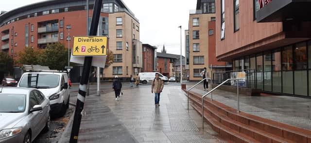 This sign in Beith Street in Partick indicates cyclists should go straight on, but the diversion route is to the right, along Benalder Street. Picture: The Scotsman