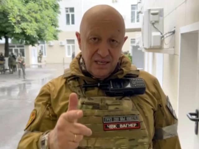 In this handout photo taken from video released by Prigozhin Press Service, Yevgeny Prigozhin, the owner of the Wagner Group military company, records his video addresses in Rostov-on-Don, Russia, Saturday, June 24, 2023. (Prigozhin Press Service via AP)