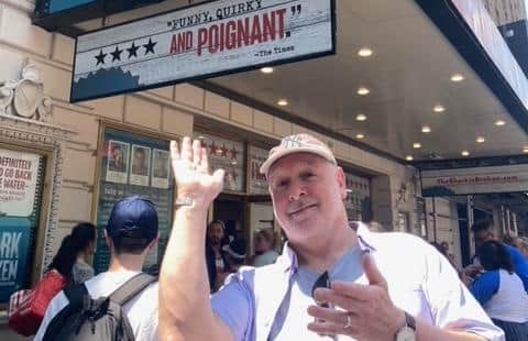 Guy Masterson outside New York's Golden Theatre, where The Shark is Broken is opening in August 2023.