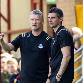 Partick manager Kris Doolan (R) and assistant Paul MacDonald during the Premier Sports Cup group stage match at Motherwell.  (Photo by Craig Foy / SNS Group)