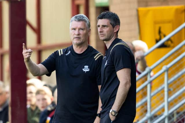 Partick manager Kris Doolan (R) and assistant Paul MacDonald during the Premier Sports Cup group stage match at Motherwell.  (Photo by Craig Foy / SNS Group)