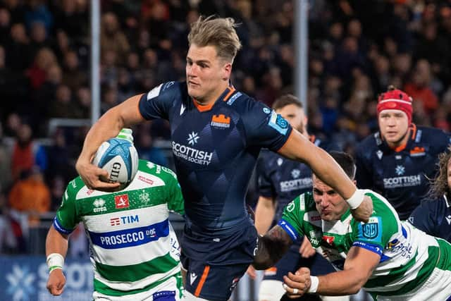 Edinburgh's Duhan Van Der Merwe scores a try during the win over Benetton.