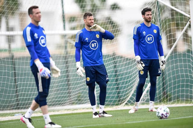 Scotland goalkeepers Jon McLaughlin, David Marshall and Craig Gordon during a training session at La Finca Resort in Alicante, Spain, at the weekend.