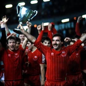 A now iconic image - Aberdeen skipper Willie Miller lifts the European Cup Winners Cup aloft on 11 May 1983 after victory over Real Madrid in Gothenburg