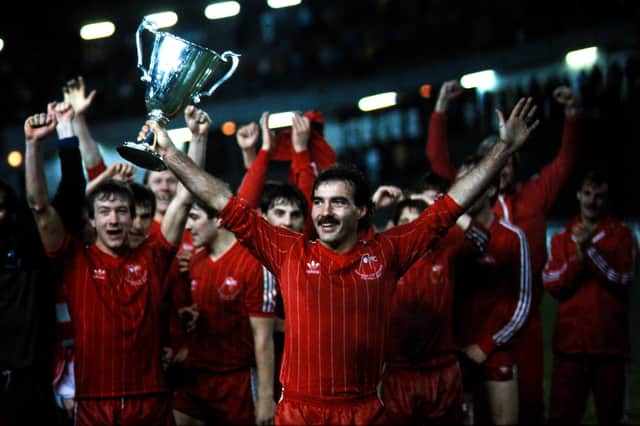 A now iconic image - Aberdeen skipper Willie Miller lifts the European Cup Winners Cup aloft on 11 May 1983 after victory over Real Madrid in Gothenburg