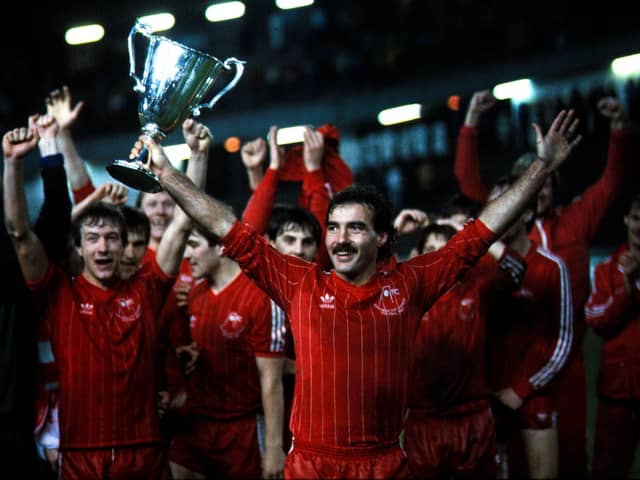 A now iconic image - Aberdeen skipper Willie Miller lifts the European Cup Winners Cup aloft on 11 May 1983 after victory over Real Madrid in Gothenburg
