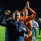 Inverness manager Billy Dodds celebrates after the play-off semi-final win over Arbroath. (Photo by Ross Parker / SNS Group)