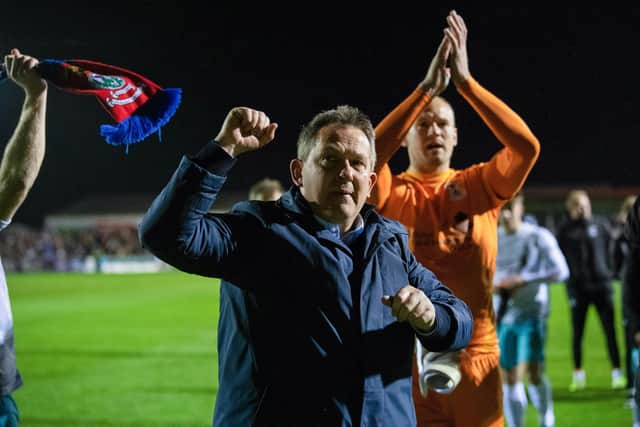 Inverness manager Billy Dodds celebrates after the play-off semi-final win over Arbroath. (Photo by Ross Parker / SNS Group)