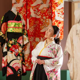 Calligraphy artist Tomoko Rowell has a close look at the exhibition Kimono: Kyoto to Catwalk, which will run at V&A Dundee from 4 May until 5 January. Picture: Michael McGurk