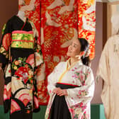 Calligraphy artist Tomoko Rowell has a close look at the exhibition Kimono: Kyoto to Catwalk, which will run at V&A Dundee from 4 May until 5 January. Picture: Michael McGurk