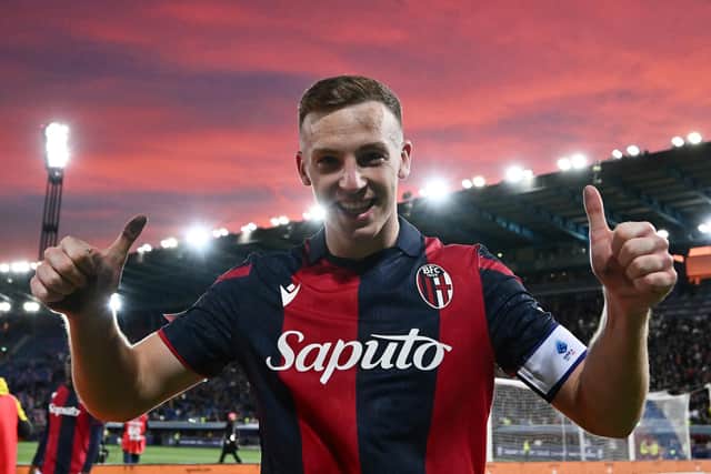 Lewis Ferguson celebrates after scoring the late winner in a 1-0 victory Atalanta at Stadio Renato Dall'Ara. (Photo by Alessandro Sabattini/Getty Images)