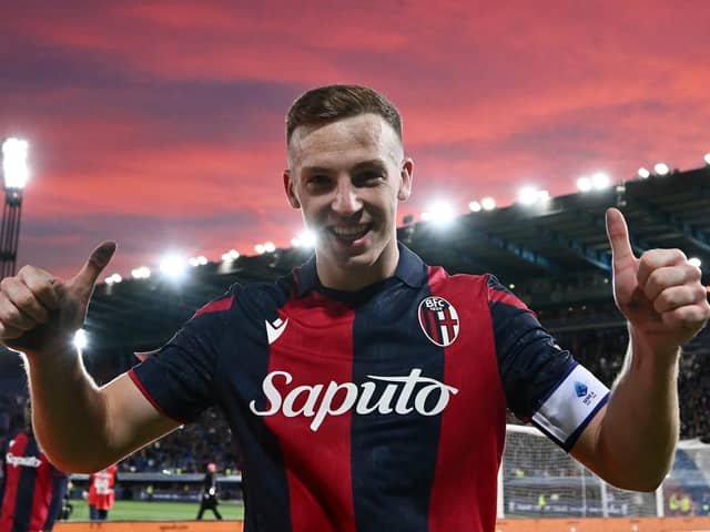 Lewis Ferguson celebrates after scoring the late winner in a 1-0 victory Atalanta at Stadio Renato Dall'Ara. (Photo by Alessandro Sabattini/Getty Images)