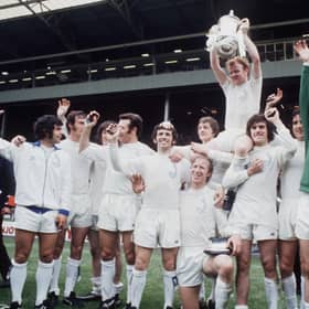 Leeds United celebrate winning the FA Cup: (left-right) Mick Bates, Paul Madeley, Eddie Gray, Paul Reaney, Johnny Giles, Jack Charlton, Allan Clarke, Billy Bremner, Peter Lorimer, Norman Hunter and David Harvey.