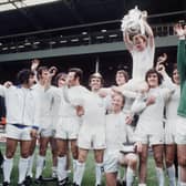 Leeds United celebrate winning the FA Cup: (left-right) Mick Bates, Paul Madeley, Eddie Gray, Paul Reaney, Johnny Giles, Jack Charlton, Allan Clarke, Billy Bremner, Peter Lorimer, Norman Hunter and David Harvey.