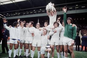 Leeds United celebrate winning the FA Cup: (left-right) Mick Bates, Paul Madeley, Eddie Gray, Paul Reaney, Johnny Giles, Jack Charlton, Allan Clarke, Billy Bremner, Peter Lorimer, Norman Hunter and David Harvey.