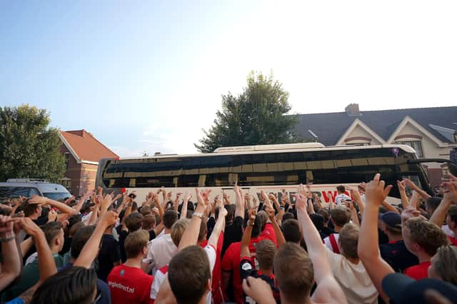 The Rangers coach arrives ahead of the Champions League qualifying match at PSV Stadion, Eindhoven.