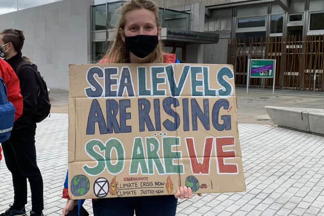 A climate change protest outside Scottish Parliament in Edinburgh.