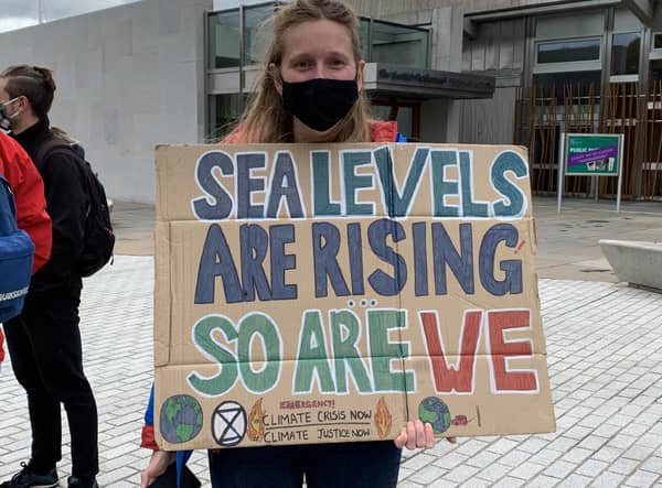 A climate change protest outside Scottish Parliament in Edinburgh.