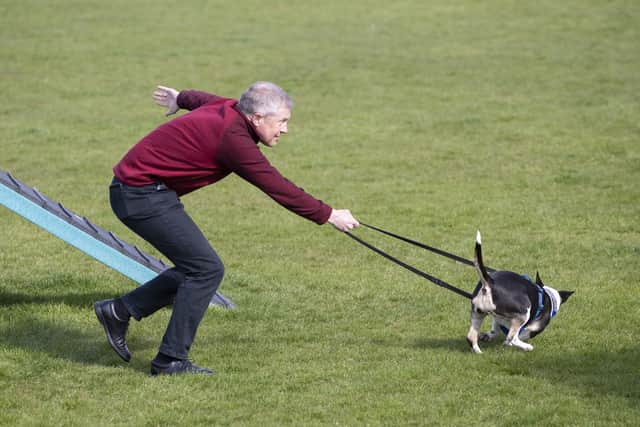 Scottish Liberal Democrat leader Willie Rennie meets Daisy - an English bull terrier - during a visit to the Edinburgh Dog and Cat Home.