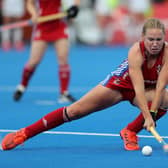 Sarah Robertson has a shot at goal while playing for Great Britain against Germany at Lee Valley. Picture@ Christopher Lee/Getty Images