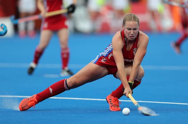 Sarah Robertson has a shot at goal while playing for Great Britain against Germany at Lee Valley. Picture@ Christopher Lee/Getty Images