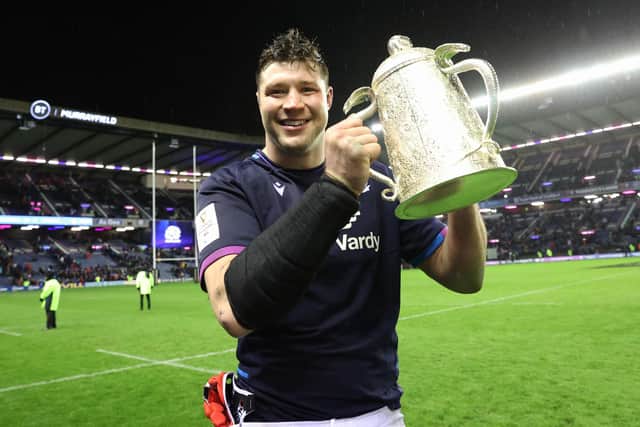 Scotland's Grant Gilchrist with the Calcutta Cup after the 20-17 win over England at BT Murrayfield. (Photo by Craig Williamson / SNS Group)