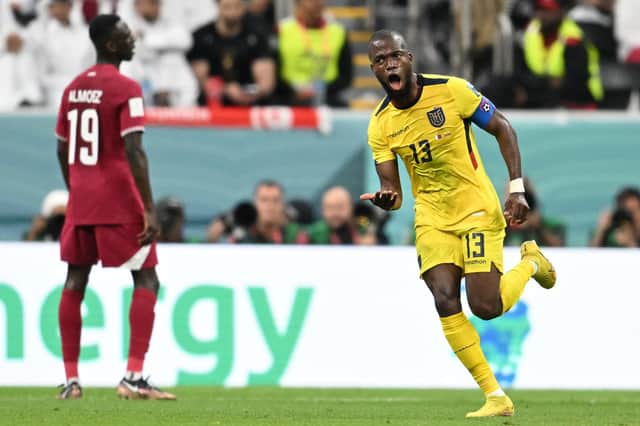 Ecuador's Enner Valencia celebrates after scoring his team's second goal in the 2-0 win over Qatar. (Photo by RAUL ARBOLEDA/AFP via Getty Images)