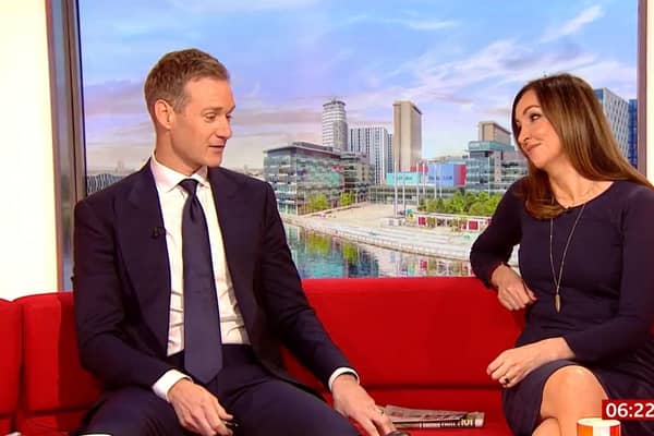 Dan Walker speaking to fellow presenter Sally Nugent about his decision  to leave the BBC. Photo: BBC Breakfast/PA Wire.