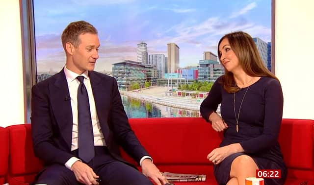 Dan Walker speaking to fellow presenter Sally Nugent about his decision to leave the BBC. Photo: BBC Breakfast/PA Wire.