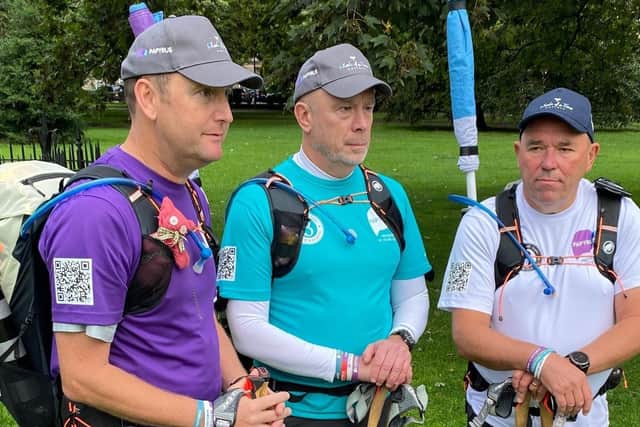 (Left to right) Tim Owen, Mike Palmer and Andy Airey setting off on their month-long walking challenge to raise awareness about suicide. Picture: Papyrus/PA Wire