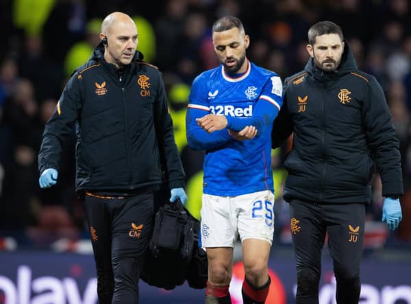 Rangers' Kemar Roofe leaves the field with an injury during the Viaplay Cup Semi Final win over Aberdeen at Hampden Park. (Photo by Alan Harvey / SNS Group)
