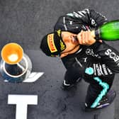 Lewis Hamilton celebrates his Eifel Grand Prix win at Nurburgring.