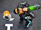 Lewis Hamilton celebrates his Eifel Grand Prix win at Nurburgring.