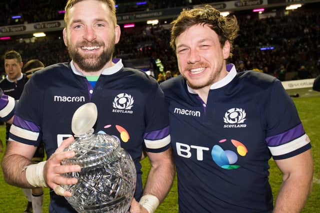 Hamish Watson, right, celebrates with Scotland captain John Barclay after the 53-24 win over Australia at Murrayfield which secured the Hopetoun Cup.